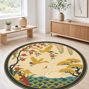 Runder Teppich mit japanischem Kranichmotiv: Asiatisches Vogel- und Blumenmotiv, Boho-Stil