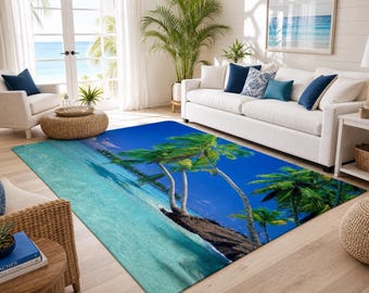 Tropical Beach Landscape Rug,Tropical Beach Rug, Palm Tree Area Rug, Coastal Ocean Print Rug, Blue Paradise Carpet, Summer Decor, Bamboo Rug