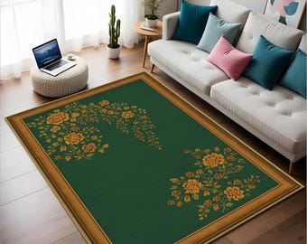 Vintage Look,Green Floral Rug – Boho Oriental Rug,Traditional Botanical Area Rug for Living Room, Office Rug, Print Rug, Antique Looking Rug