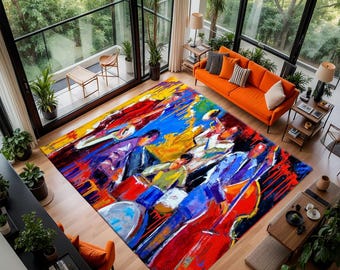 May include: A large, rectangular area rug with an abstract design in vibrant colors. The rug features a bold mix of red, blue, yellow, and purple hues, creating a dynamic and artistic visual. The rug is placed in a modern living room setting with an orange sofa and large windows.