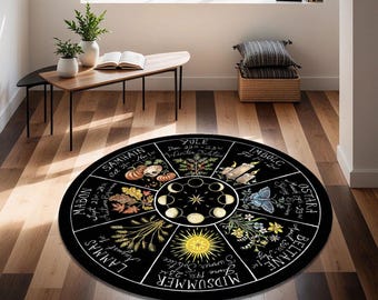 May include: Black and white round rug with a circle design featuring the eight sabbats of the Wheel of the Year. The sabbats are labeled with their names and dates. The rug has a black background with white text and illustrations.
