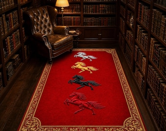 May include: A rectangular red area rug featuring a decorative gold border and four embroidered horses in a vertical row. The horses are colored white, gold, black, and red, each depicted in a rearing position with flowing manes and tails.