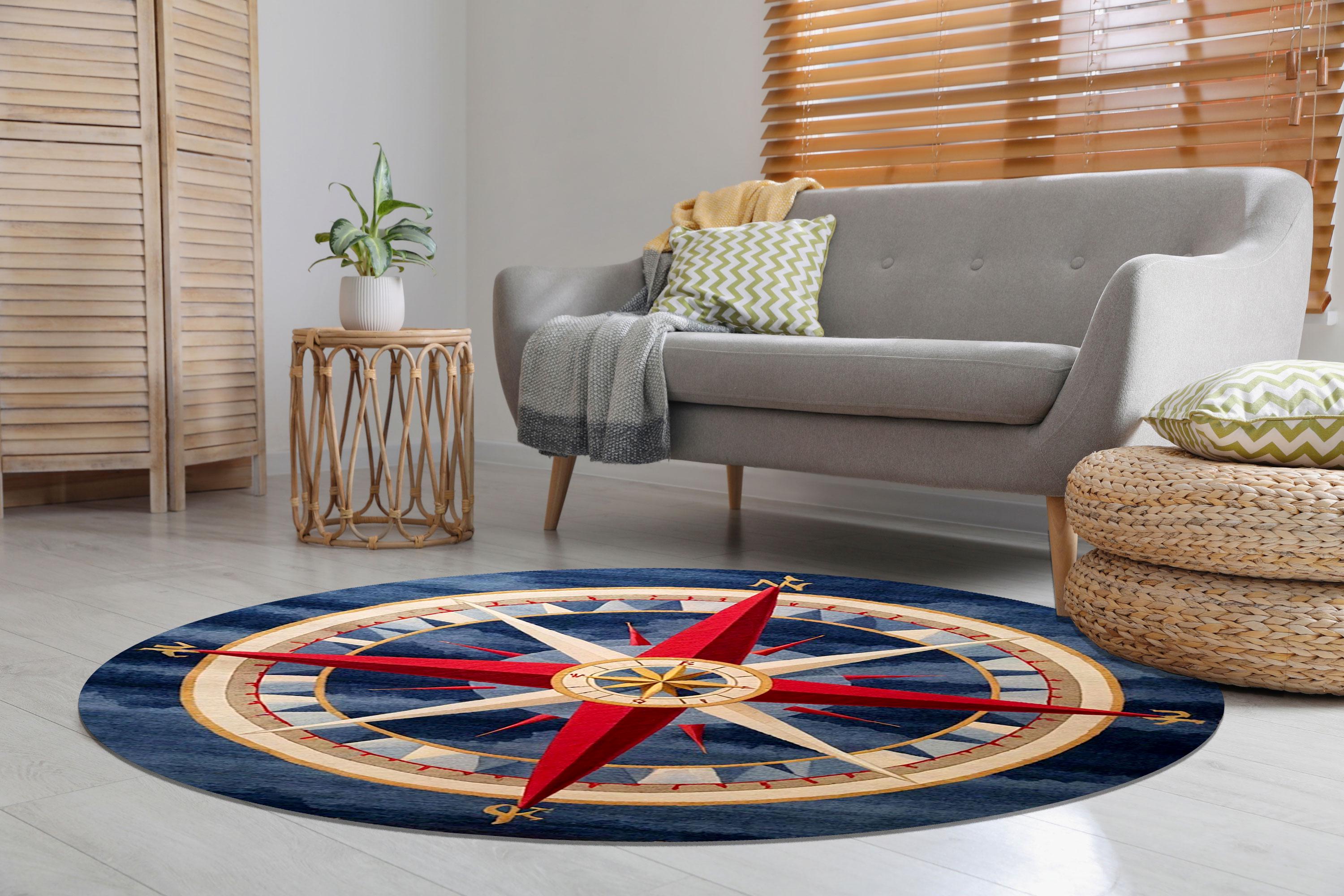 Blue Compass Rug Nautical Compass Round Rug: Navy Blue Coastal Decor - Etsy