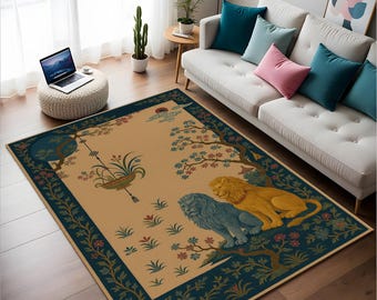 Vintage Look Lion Rug,Boho Floral Area Rug - Art Deco Tapestry Rug- Living Room Rug - Unique Decorative Floor Rug - Nature Inspired Rug