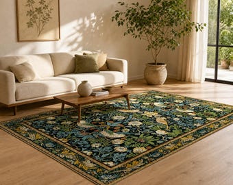 William Morris Strawberry Thief Rug, Art Nouveau Peacock Floral