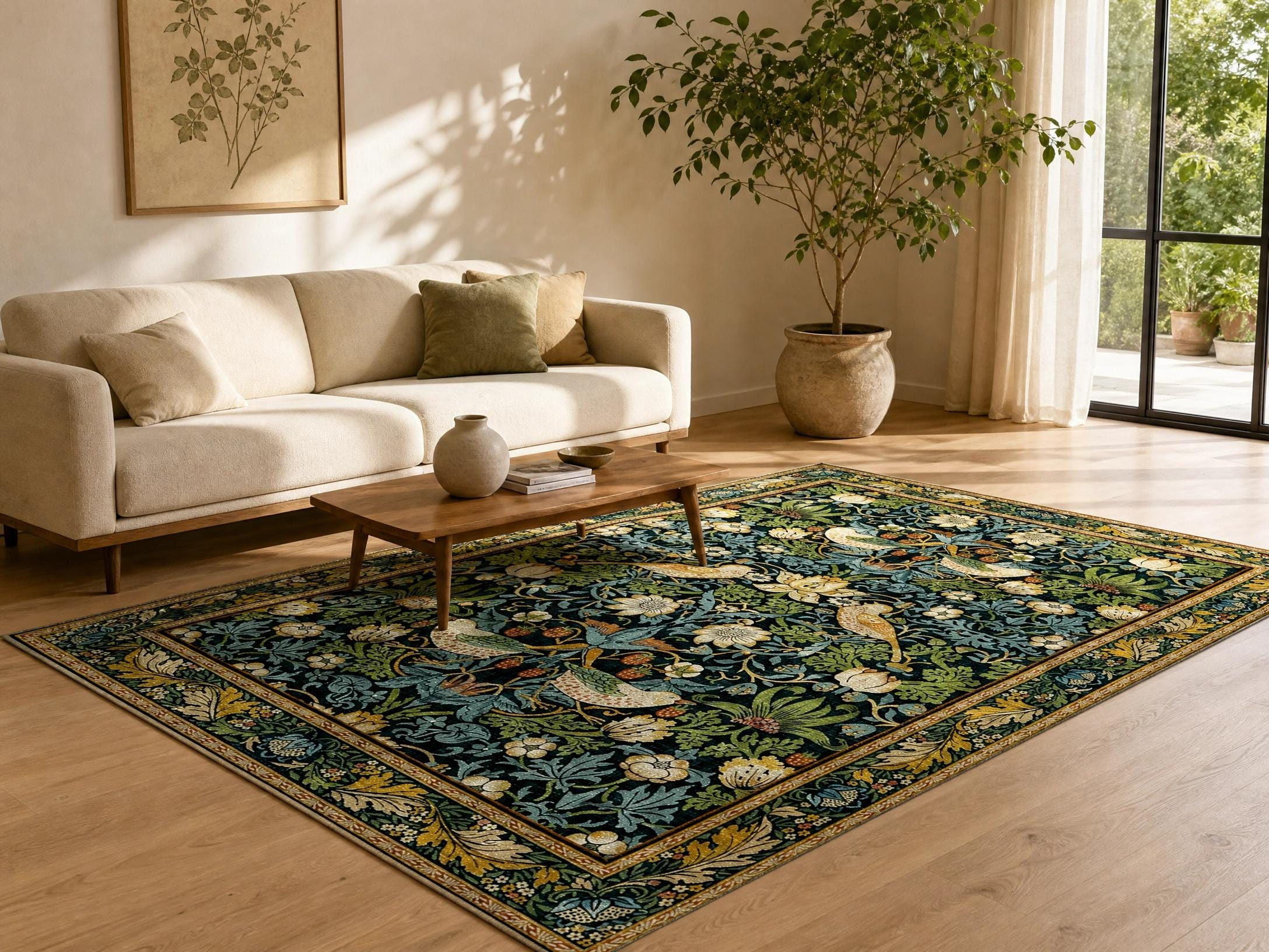 William Morris Strawberry Thief Rug, Art Nouveau Peacock Floral