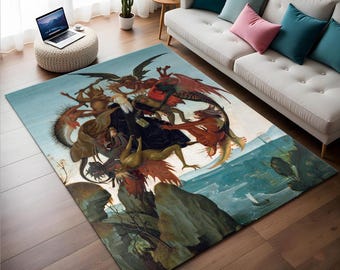 May include: A colorful rug with a detailed illustration of a scene from the Book of Revelation. The rug features a central figure surrounded by winged creatures and a landscape with a river and mountains.