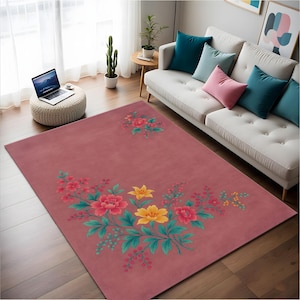 Pink Floral Rug – Soft Botanical Art Rug– Colorful Boho Flower Rug – Vintage Inspired Living Room Decor, Living Room Rug, Soft Rug, Area Rug