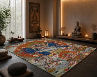 May include: A rectangular area rug featuring a vibrant, intricate multi-colored pattern with prominent blue and orange tones, depicting detailed figures and symbolic motifs across its surface, laid flat on a dark floor in a room.