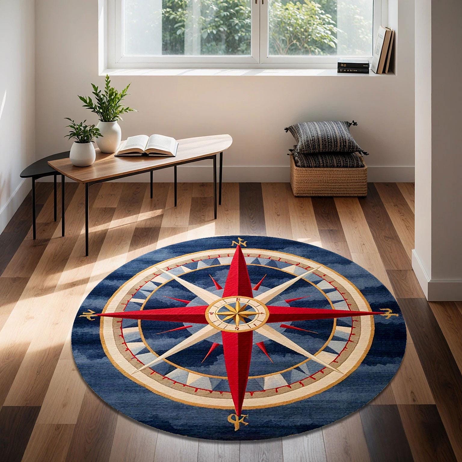 Blue Compass Rug Nautical Compass Round Rug: Navy Blue Coastal Bamboo Carpet - Etsy