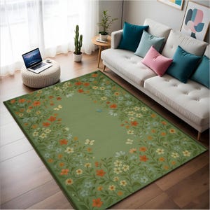Green Floral Botanical Area Rug,Cottagecore Style Rug,Spring Garden Print Rug,Colorful Nature Inspired Floor Decor,Soft Boho Living Room Rug