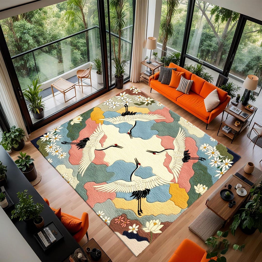 Deanery Rugs Art Deco Cranes Floral Papyrus Area Rug, Vintage Mythology Living Room ...