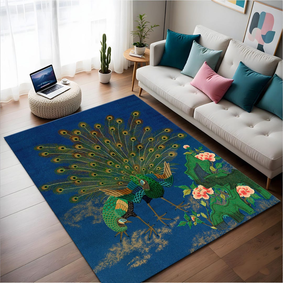 Blue Peacock Area Rug: Oriental Floral Bird Design, Bamboo Fiber