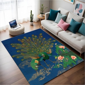 Peacock Area Rug | Blue Oriental Rug With Floral Bird Design | Boho Living Room Decor Rug, Living Room Rug, Bamboo Rug, Peacock Pattern Rug