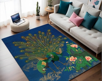 Blue Peacock Area Rug: Oriental Floral Bird Design, Bamboo Fiber