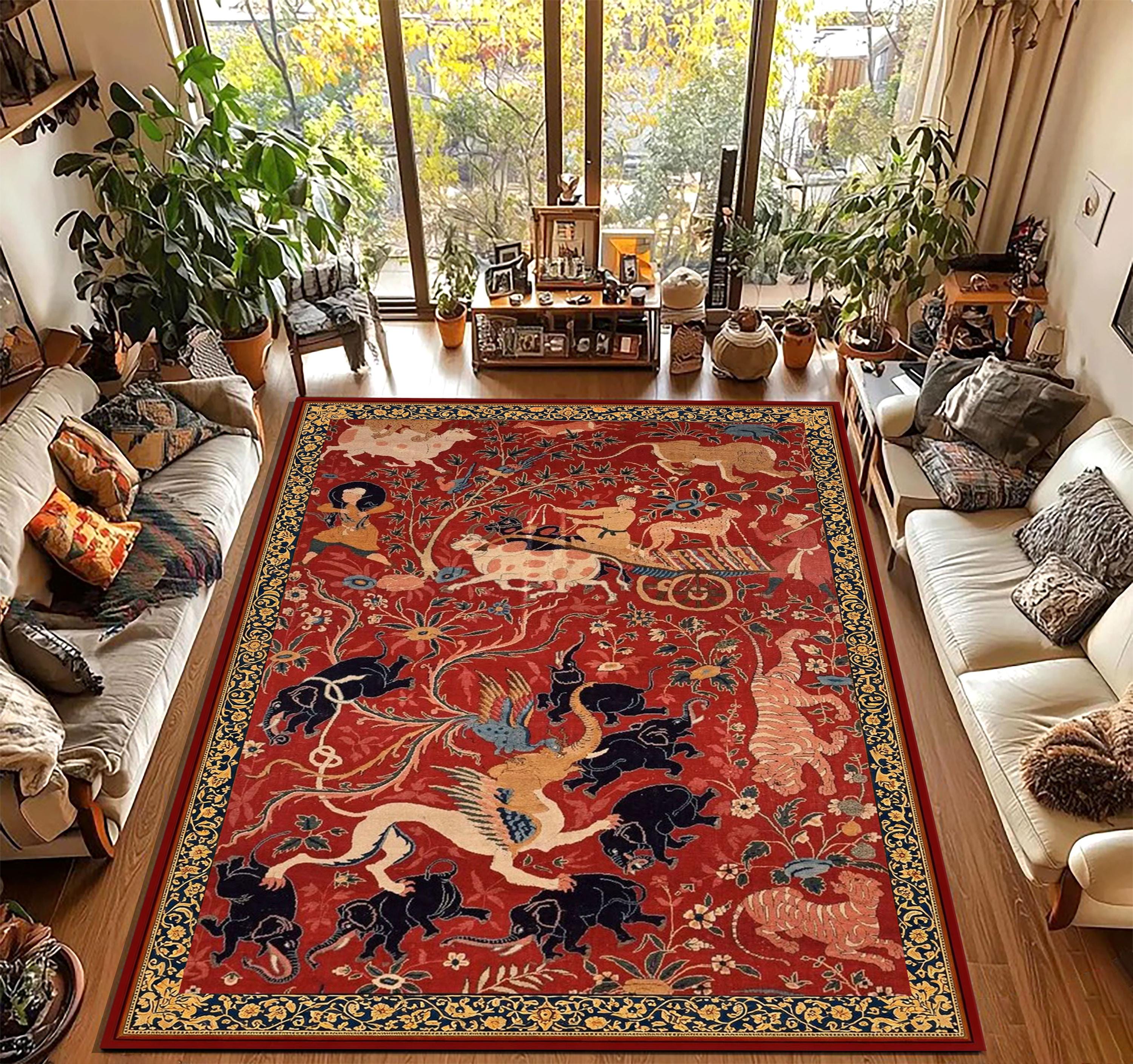 ペルシャ PERSIAN CARPET イラン ビンテージ インテリア Medieval Hunting Scene Tapestry Rug, Vintage European Animal Art