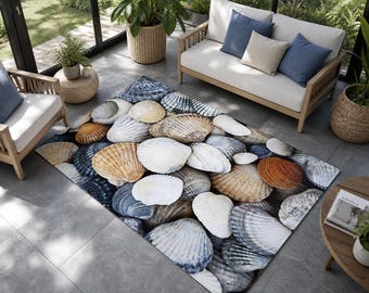 Seashell Print Area Rug, Coastal Beach House Decor, Ocean Shell Carpet