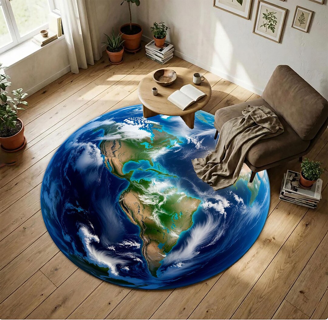 Round Earth World Map Rug, 3D Planet Carpet, Modern Space Decor Area ...