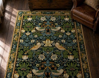 William Morris Strawberry Thief Rug, Art Nouveau Peacock Floral Carpet, Victorian Botanical Area Rug, Washable Non-Slip Living Room Decor