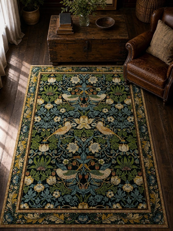 William Morris Strawberry Thief Rug, Art Nouveau Botanical Area
