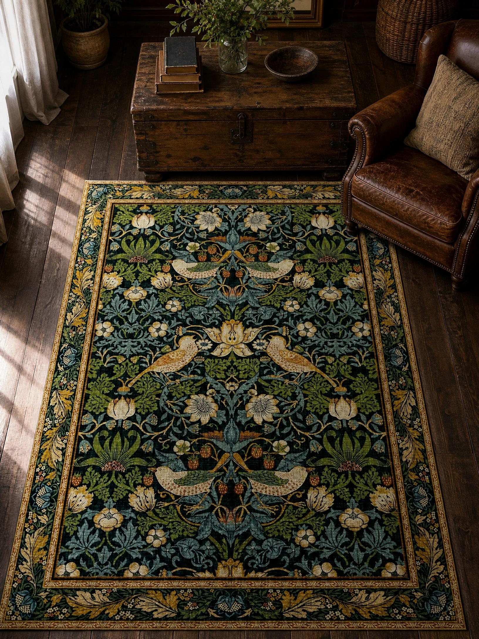 William Morris Strawberry Thief Rug, Art Nouveau Peacock Floral