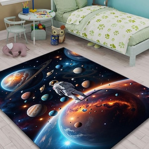 Alfombra de planeta espacial con dibujos animados, alfombra de astronauta, alfombra de galaxia, alfombra para habitación infantil, alfombra para guardería, regalo para niños, alfombra fantástica, alfombra de ciencia, alfombra solar, alfombra de juego