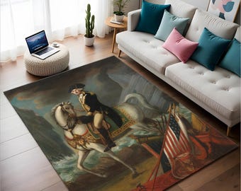 George Washington Equestrian Rug: Colonial Americana Portrait Rug