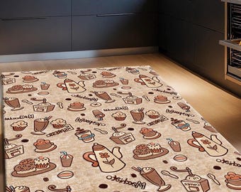 Printed Kitchen Rug: Washable Non-Slip Coffee Theme
