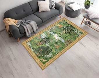Owl & Willow Pattern Rug, Forest Animal Area Rug – Green Botanical Tapestry Style Living Room Rug – Woodland Mythical Creature Decor Rug