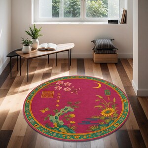 Round Magenta Floral Rug – Vintage Oriental Botanical Floor Mat