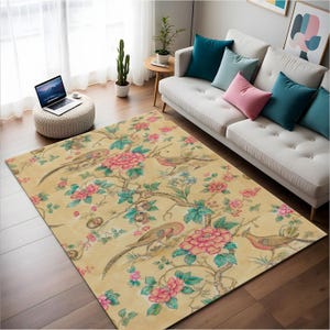 Vintage Floral Bird Pattern Rug,Handcrafted Style Decorative Print Rug - Bohemian Art Rug,Nature Themed Home Decor, Living Room Rug,Area Rug