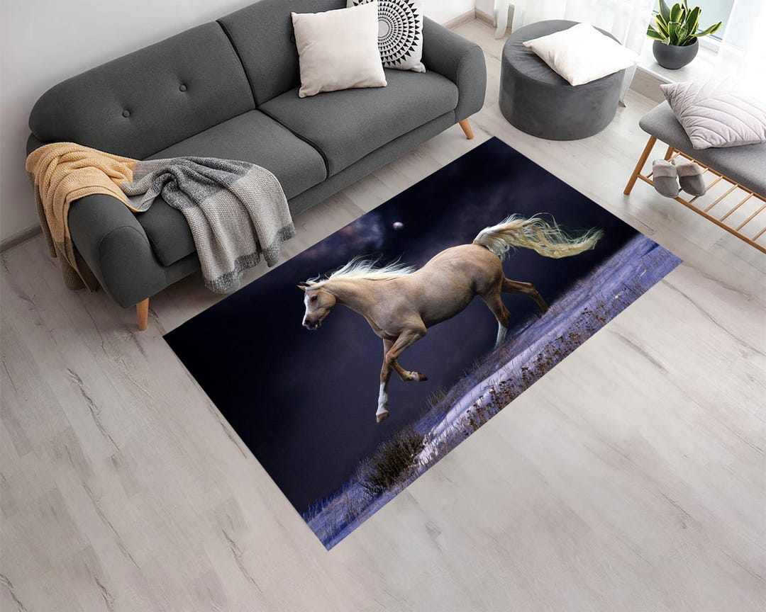 Running Pattern Rig Running White Horse Rug: Modern Animal Pattern, Washable Area Rug - Etsy