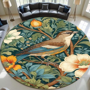 Round Botanical Bird Rug, Vintage Floral Art Round Rug, William Morris Style Area Rug, Nature Inspired Living Room Decor, Cottagecore Rug