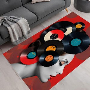 Vinyl Records Canvas Wall Art Printable Vintage Collage Modern Decor Rug, DJ Retro 1950s Woman Music Lover Gift Home Decor,Birthday Gift,Art