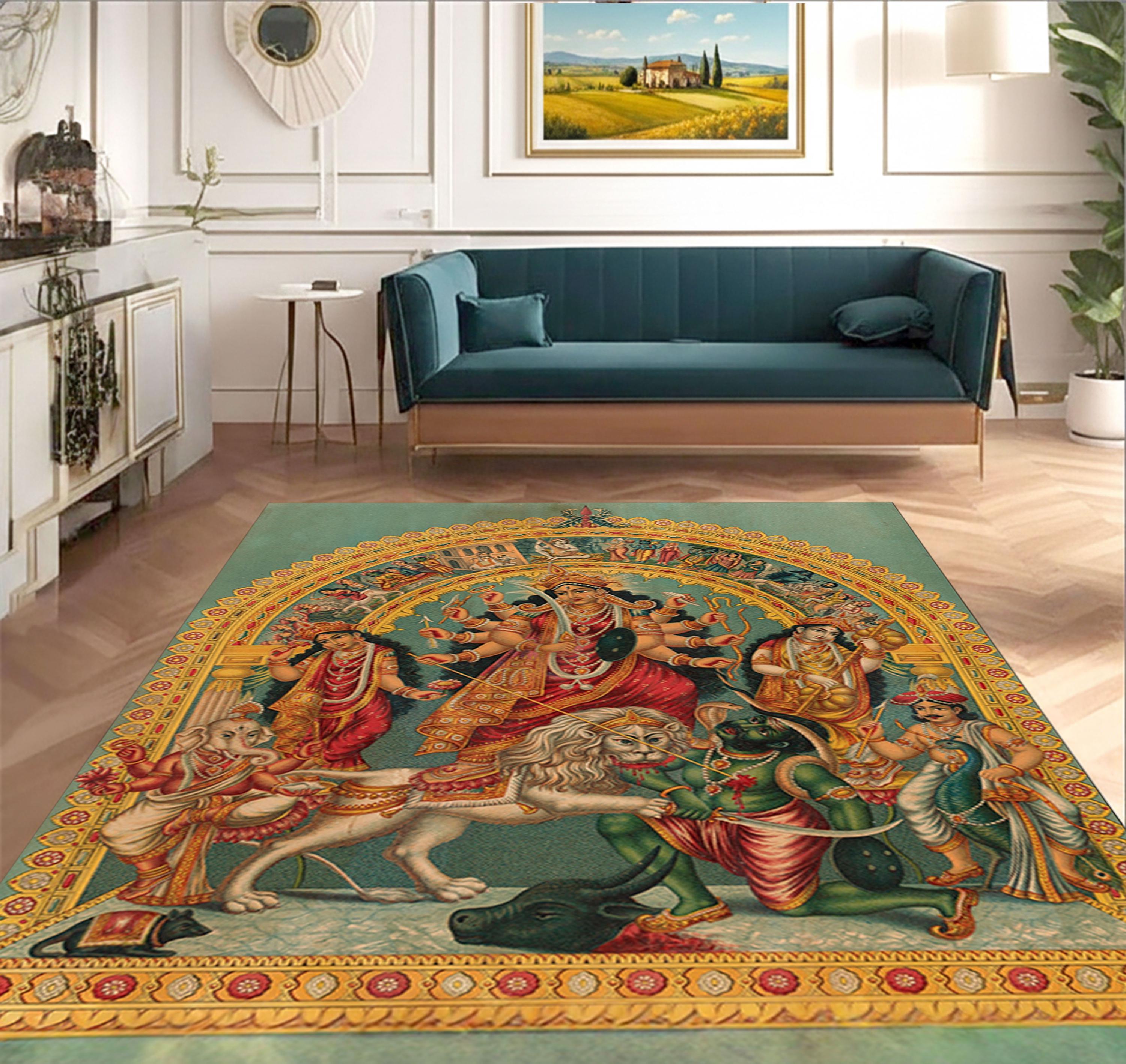 Durga Rugs Durga Goddess Rug, Vintage Bengal Calcutta Design, Spiritual Mandala ...