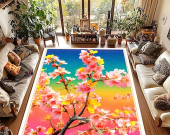 Japanese Cherry Blossom Rug, Gradient Floral Carpet, Modern Boho Living Room Decor