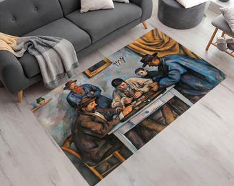 May include: A vintage-style rug featuring a painting of four people playing cards around a table. The rug has a light brown background with a faded yellow and brown pattern. The people in the painting are wearing clothing from the early 1900s.