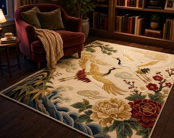 Japanese Crane Rug, Oriental Floral Area Rug, Peony Rug, Zen Decor Rug, Chinoiserie Printed Rug, Asian Inspired Carpet
