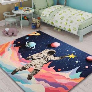 Alfombra de dibujos animados de planetas espaciales, alfombra de astronauta, alfombra de galaxia, alfombra para habitación de niños, alfombra para guardería, regalo para niños, alfombra fantástica, alfombra científica, alfombra solar, alfombra de juegos