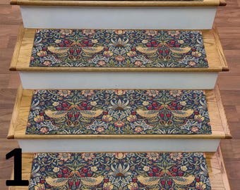 May include: Stair treads with a repeating pattern of birds, flowers, and foliage in shades of blue, red, yellow, and green. The treads are rectangular and placed on wooden stairs with white risers.