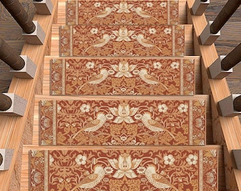May include: Stair treads with a repeating pattern of birds, flowers, and foliage in shades of red, beige, and gold. The treads are installed on wooden stairs with dark brown handrails and light-colored supports. The number "1" is visible at the top.
