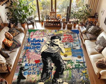 Banksy Style Graffiti Rug, Street Art Carpet, Urban Abstract Area Rug