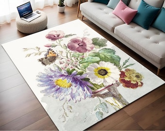 May include: A watercolor floral rug with a white background and a bouquet of purple, pink, white, and yellow flowers. A butterfly is perched on the bouquet. The flowers are arranged in a vase.