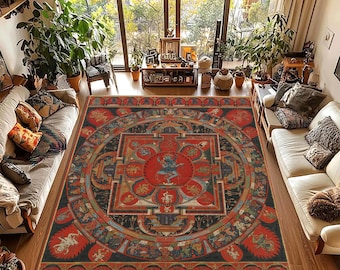 Tibetan Mandala Rug: Sacred Geometry, Boho Spiritual Carpet, Meditation Yoga Mat