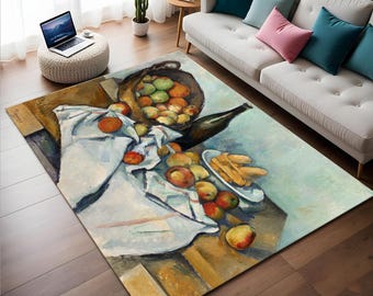 May include: A still life painting of a bowl of apples, a bottle of wine, and a plate of bread sticks on a white tablecloth. The painting is in a muted color palette of blues, greens, and browns.