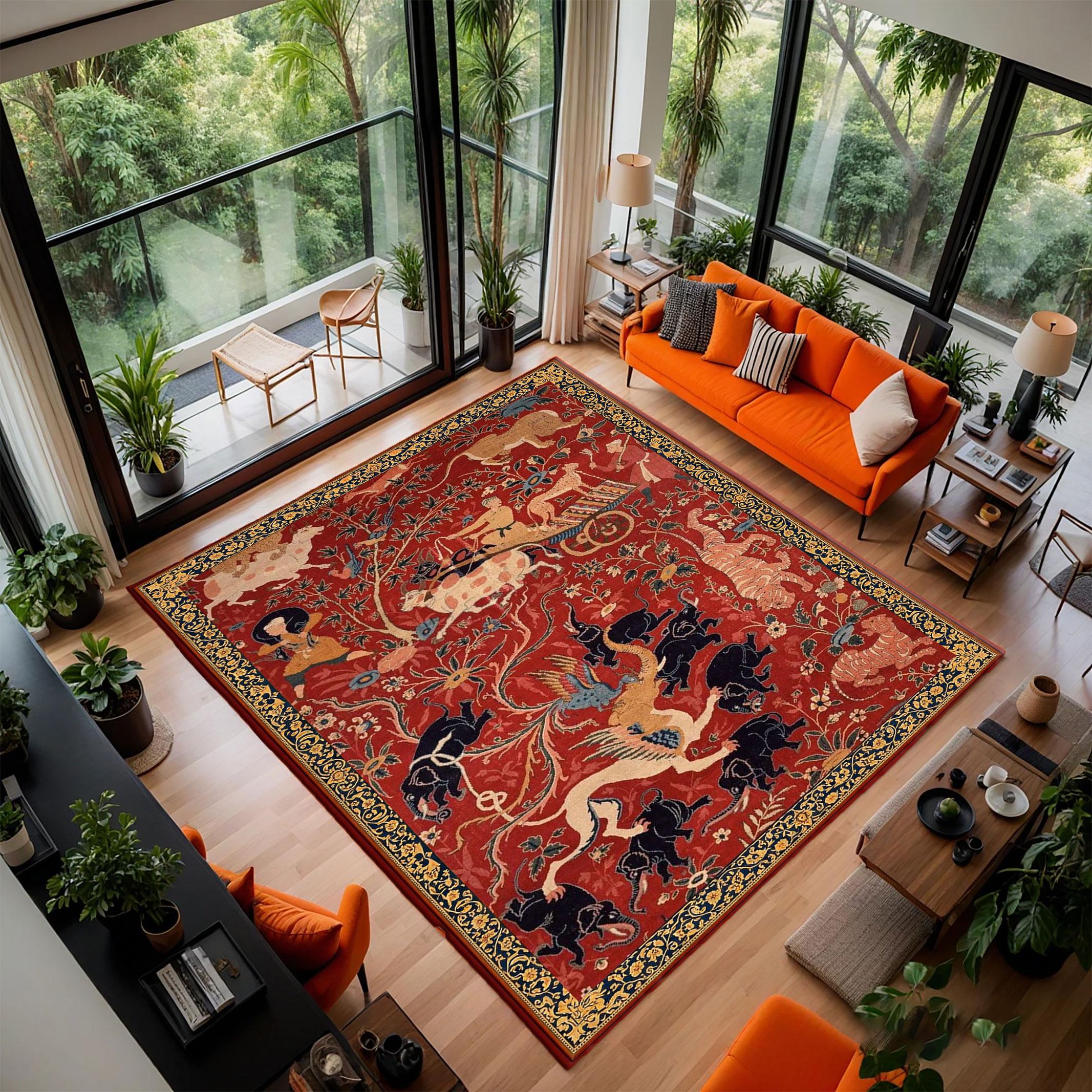 Medieval Hunting Scene Tapestry Rug, Vintage European Animal Art