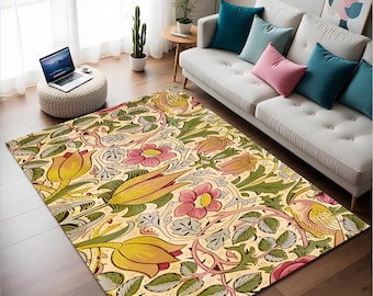 Alfombra inspirada en William Morris: diseño floral vintage de pájaros y tulipanes.