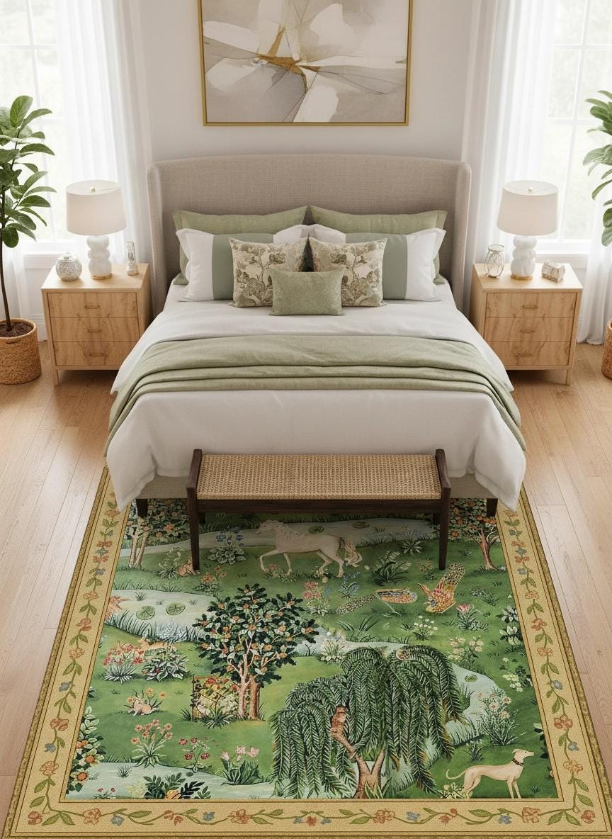 Owl Willow Pattern Rug,Medieval Woodland Area Rug,Cottagecore Forest Rug,Unicorn Garden Carpet, Vin