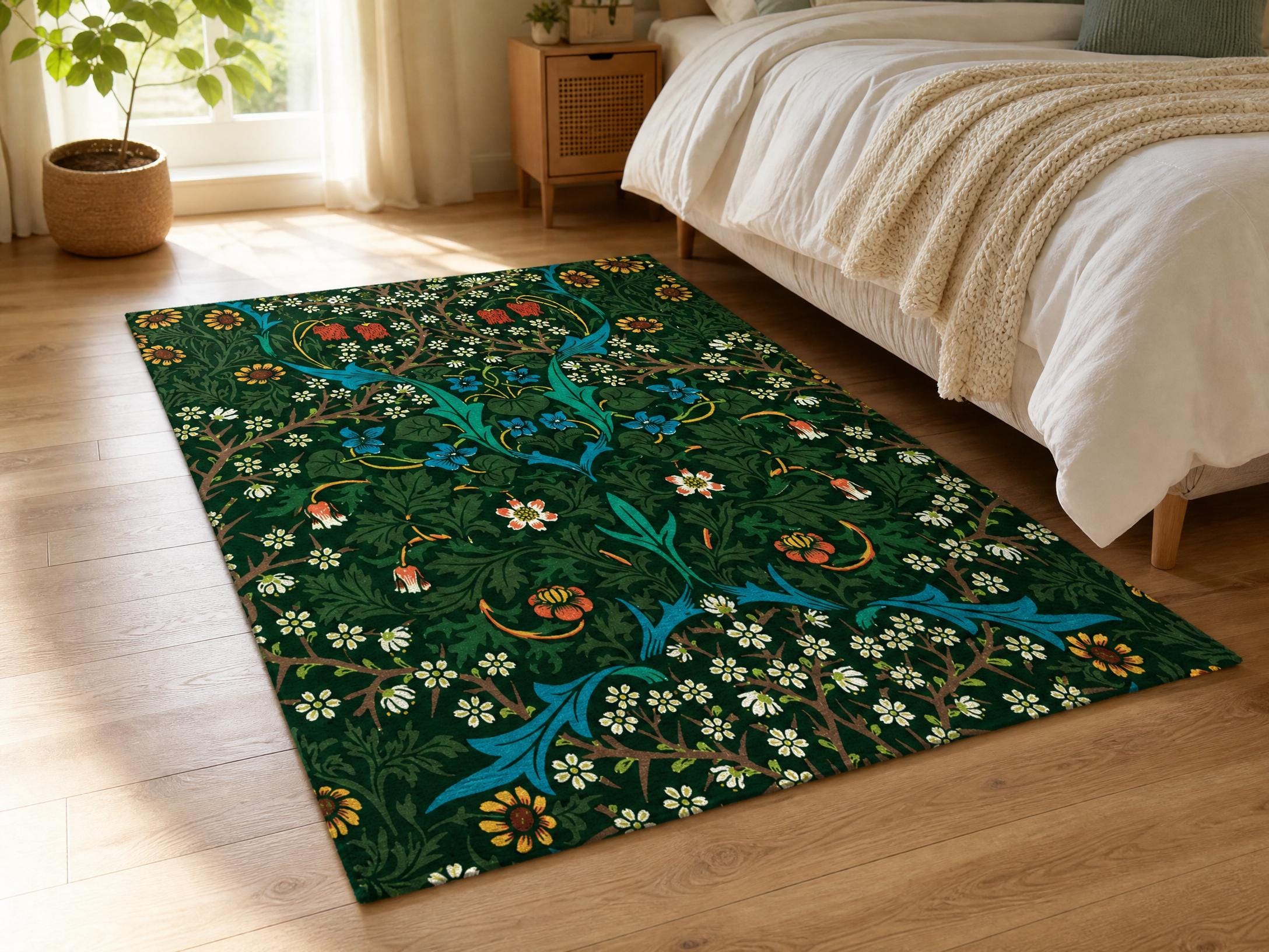 William Morris Inspired Green Floral Rug, Vintage Botanical Area