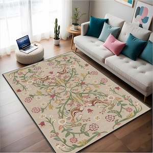 Boho Chic Elegance Floral Rug, Turkish Traditional Unique Rug, Washable Non-Slip Rug, Distressed Large Area Rug, Rugs for Living Room